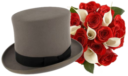 Cilindro sposo e bouquet di rose per sposa